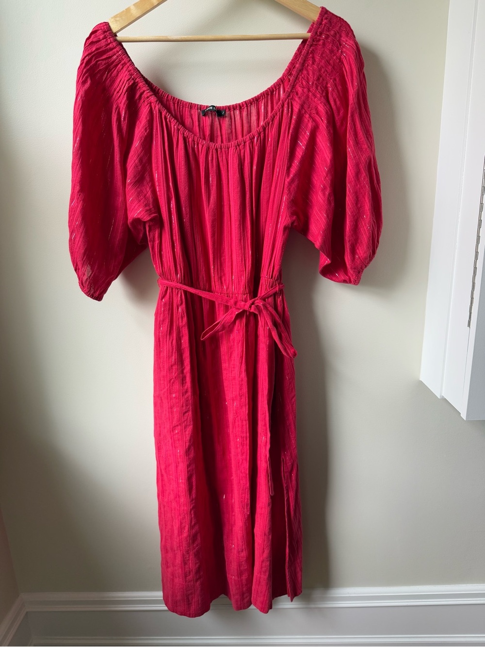LOVE SAM Boho Striped Metallic Peasant Midi Dress Cottagecore Prairie Red L